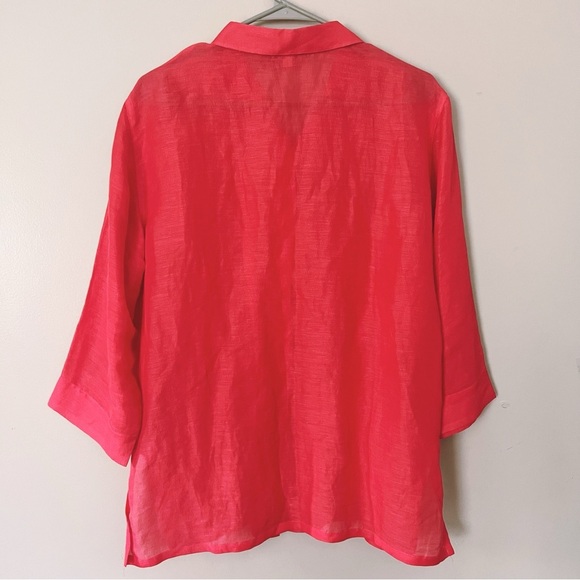 Chico’s Silk Linen Button Down Shirt Large 12 Pink Red Quiet Luxury Coastal Chic - Picture 7 of 9